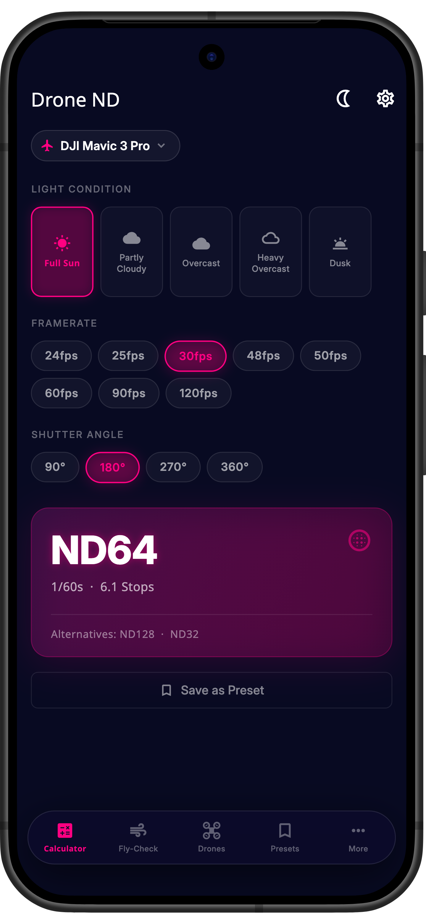 Drone ND app – ND filter calculator screen