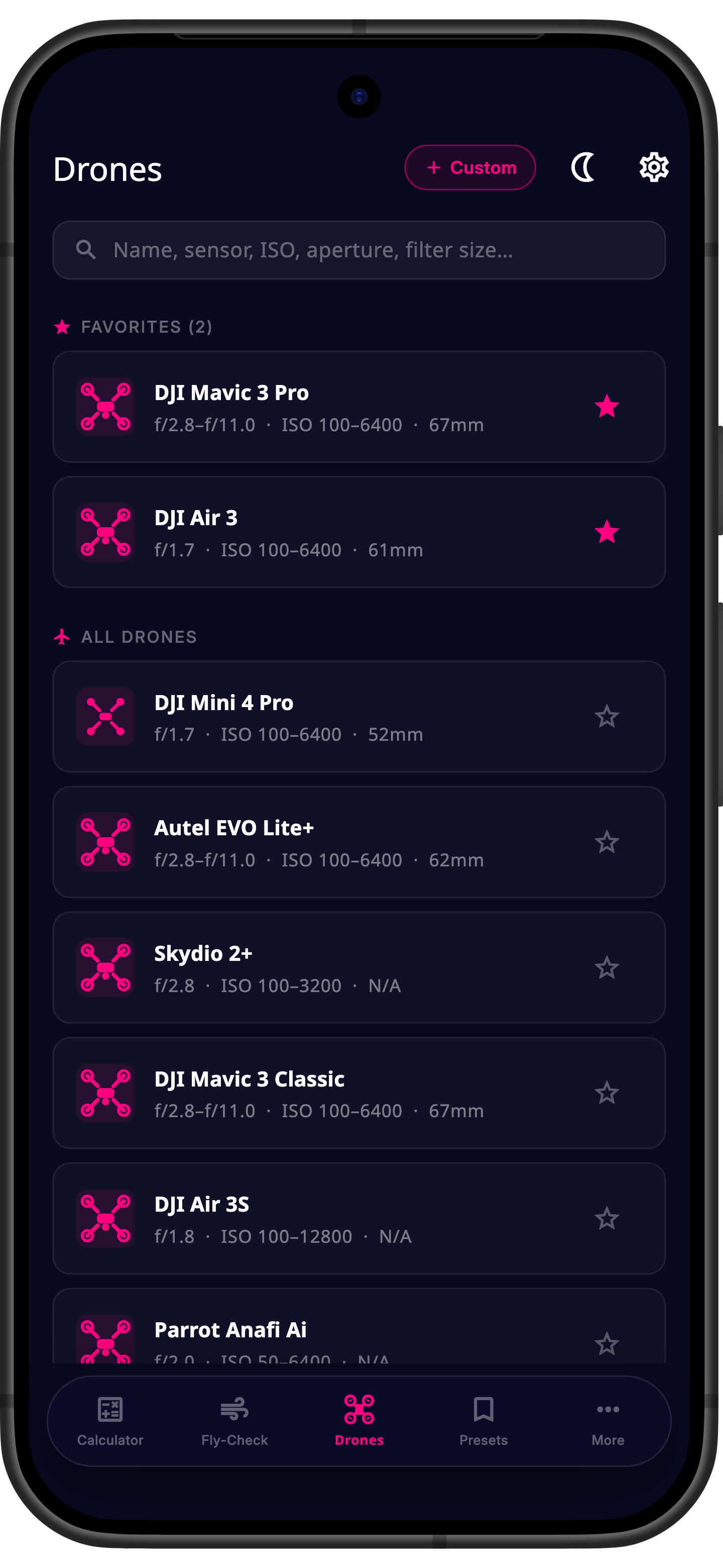 Drone profiles in the Drone ND app