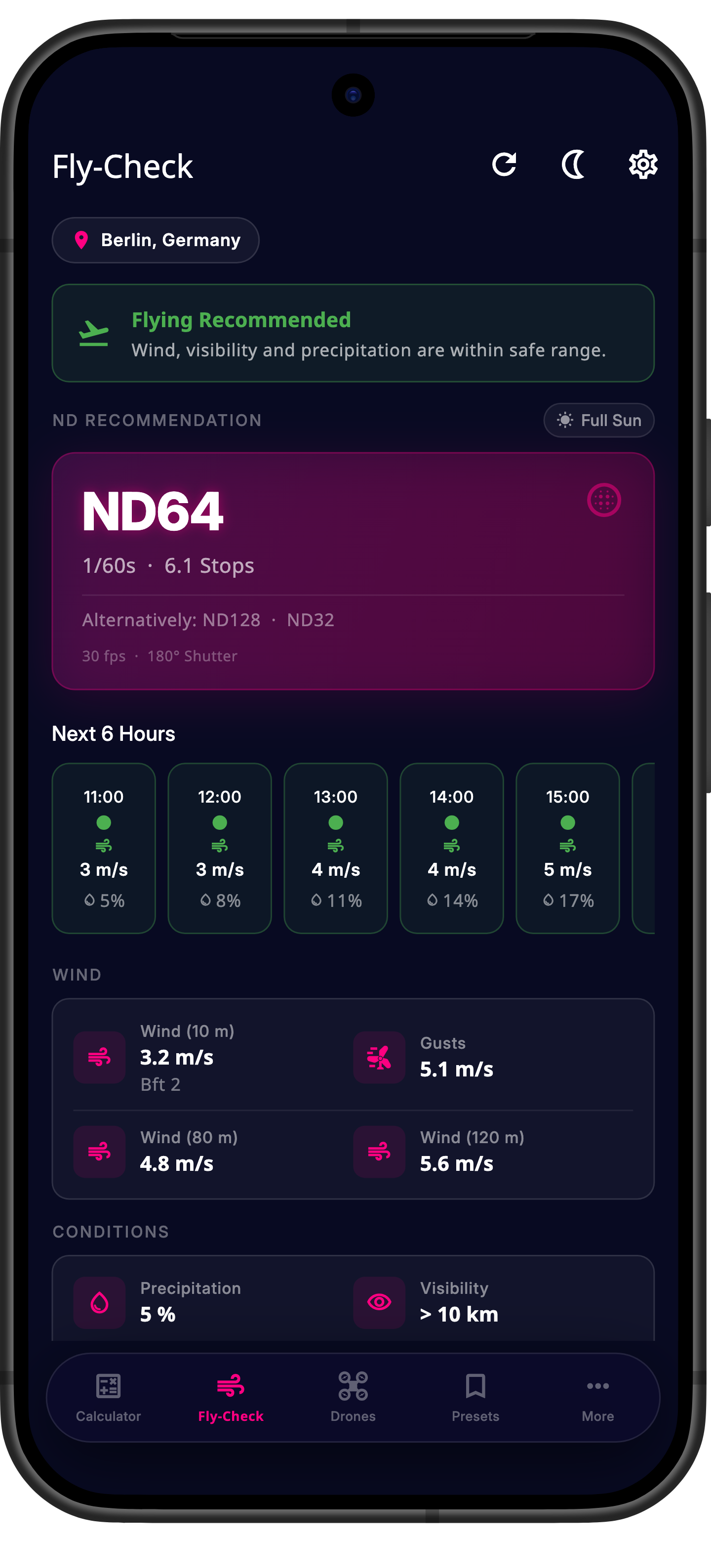 Fly-check and weather in the Drone ND app