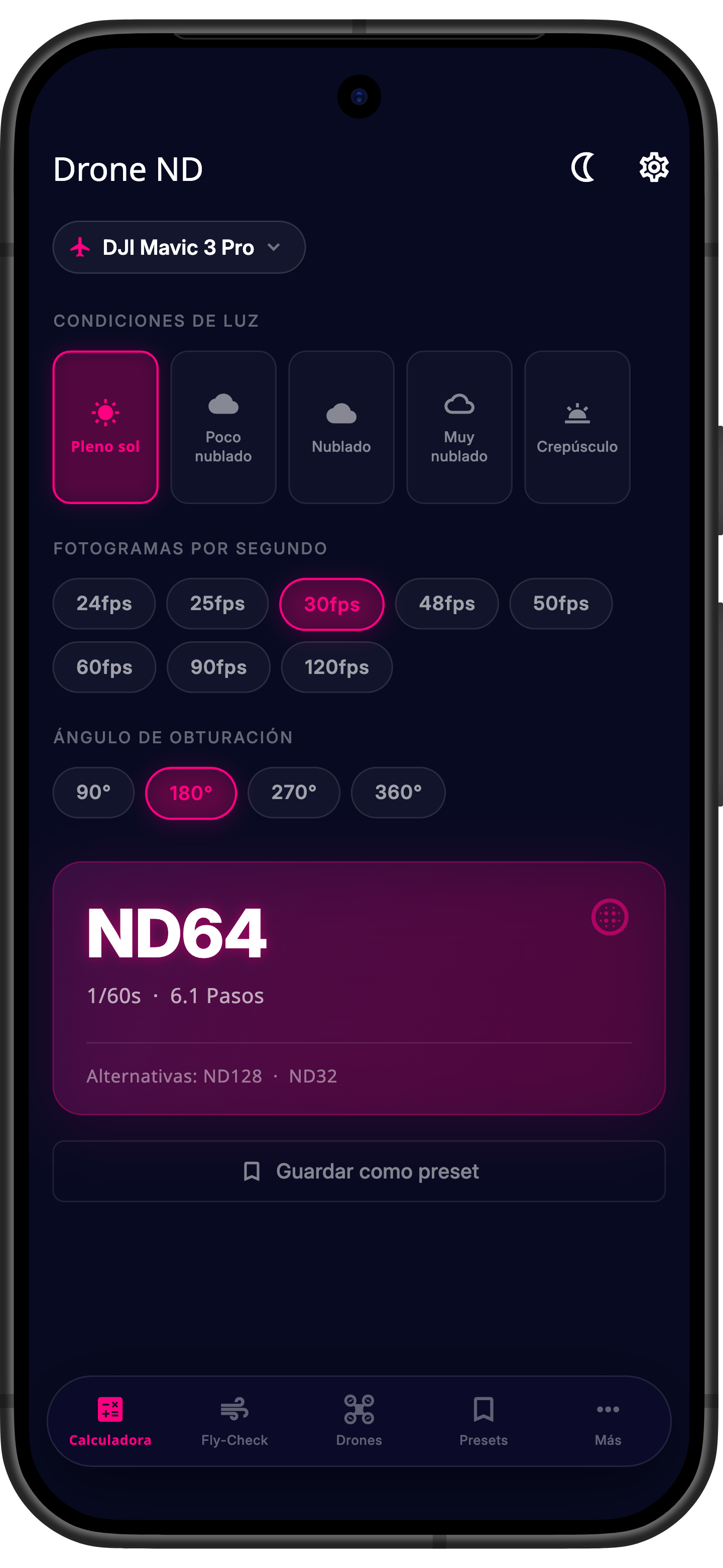 App Drone ND – pantalla de la calculadora de filtros ND