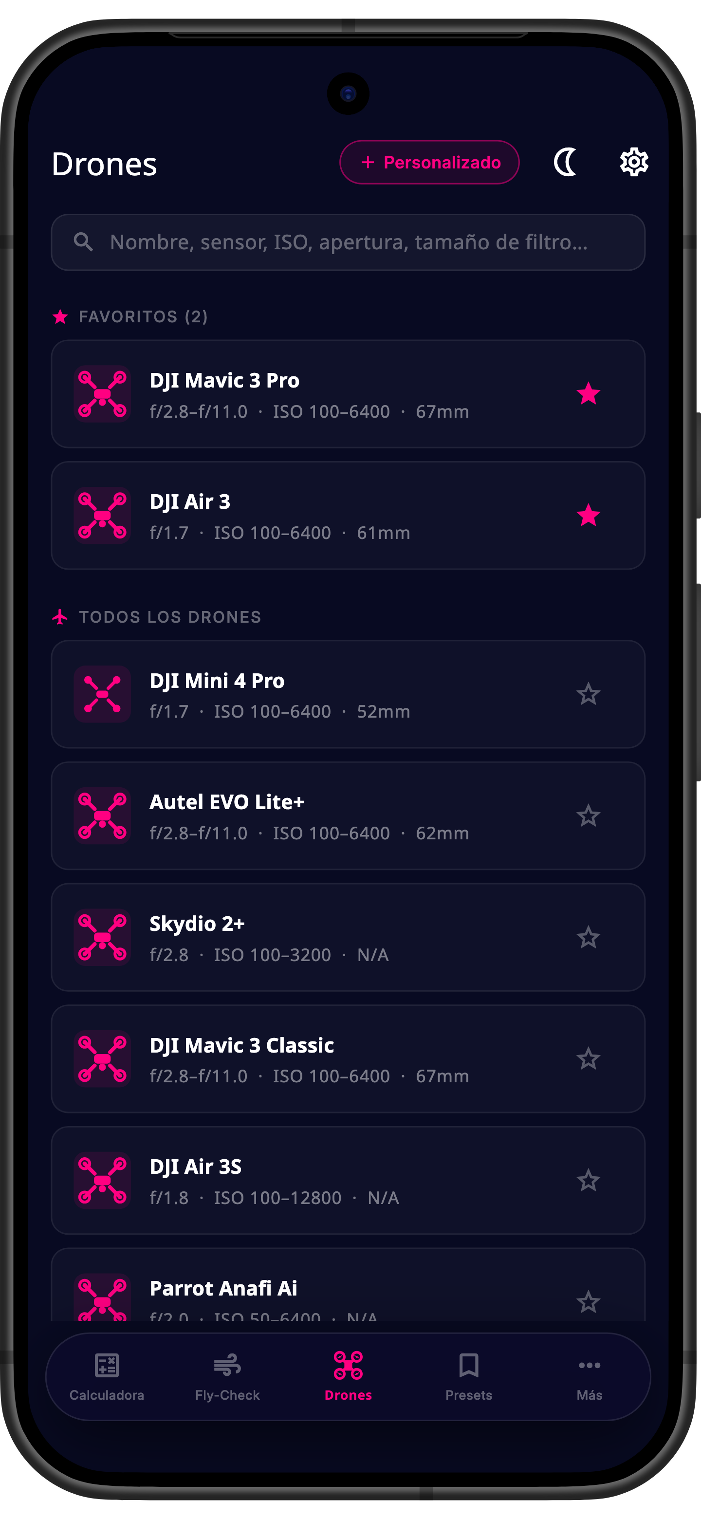 Perfiles de drones en la app Drone ND