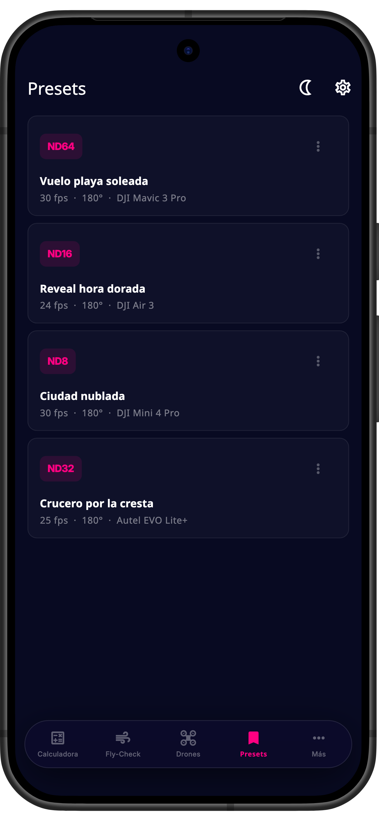 Preajustes en la app Drone ND