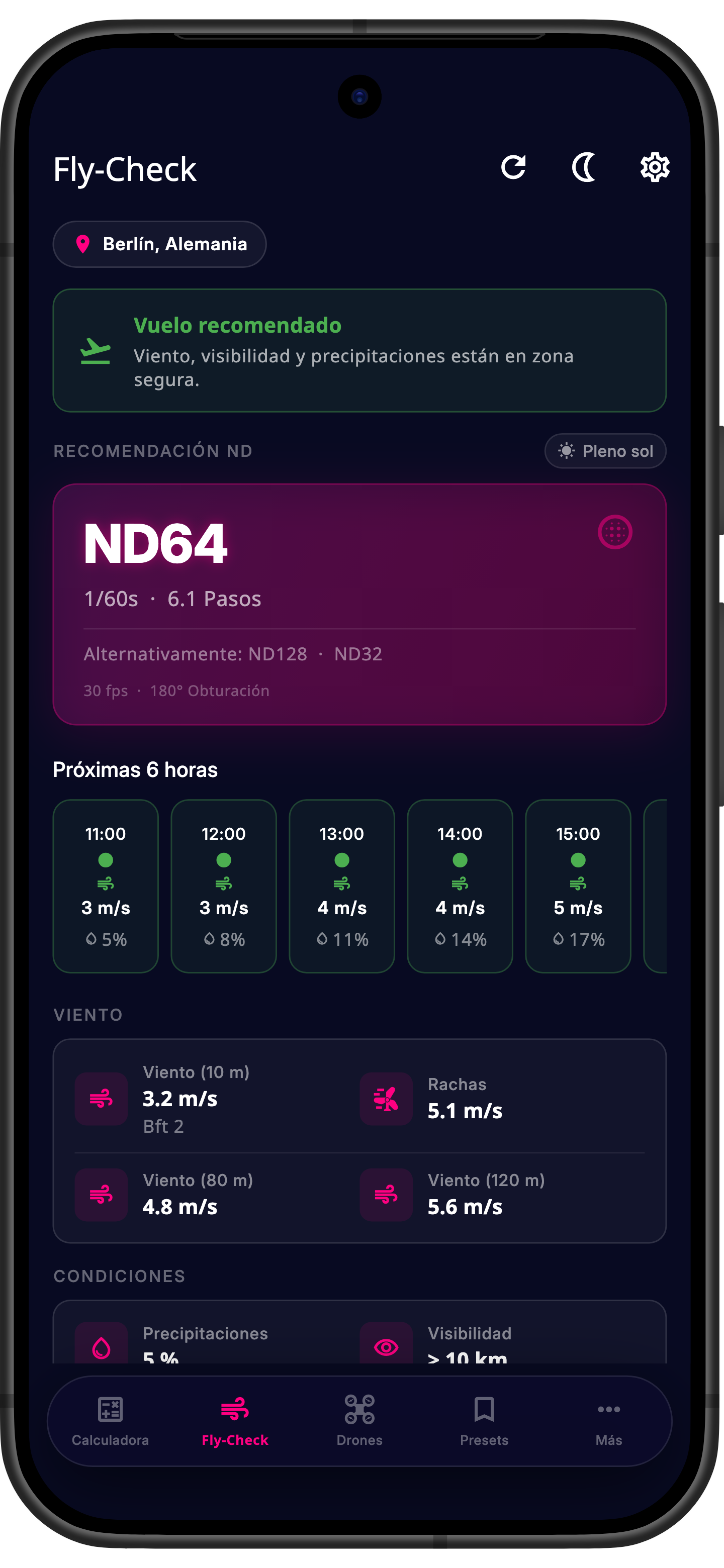 Fly-check y clima en la app Drone ND