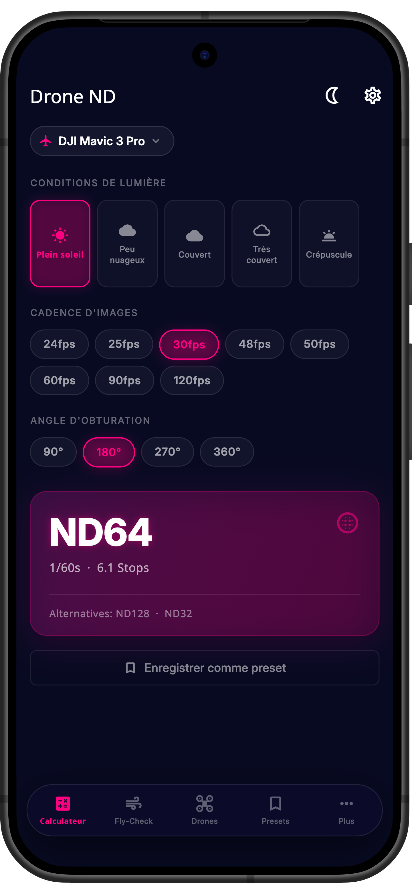 Application Drone ND – écran du calculateur de filtre ND