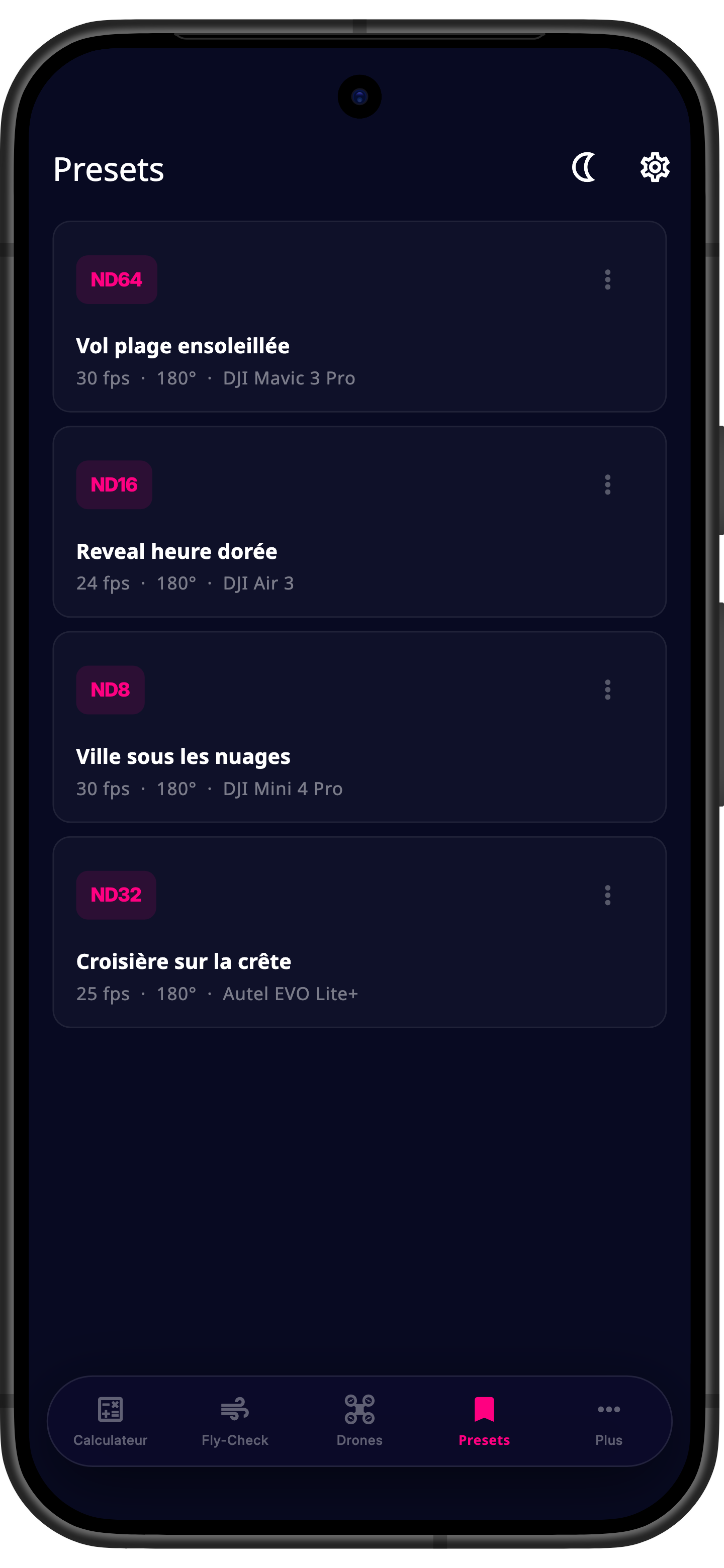 Préréglages dans l'application Drone ND
