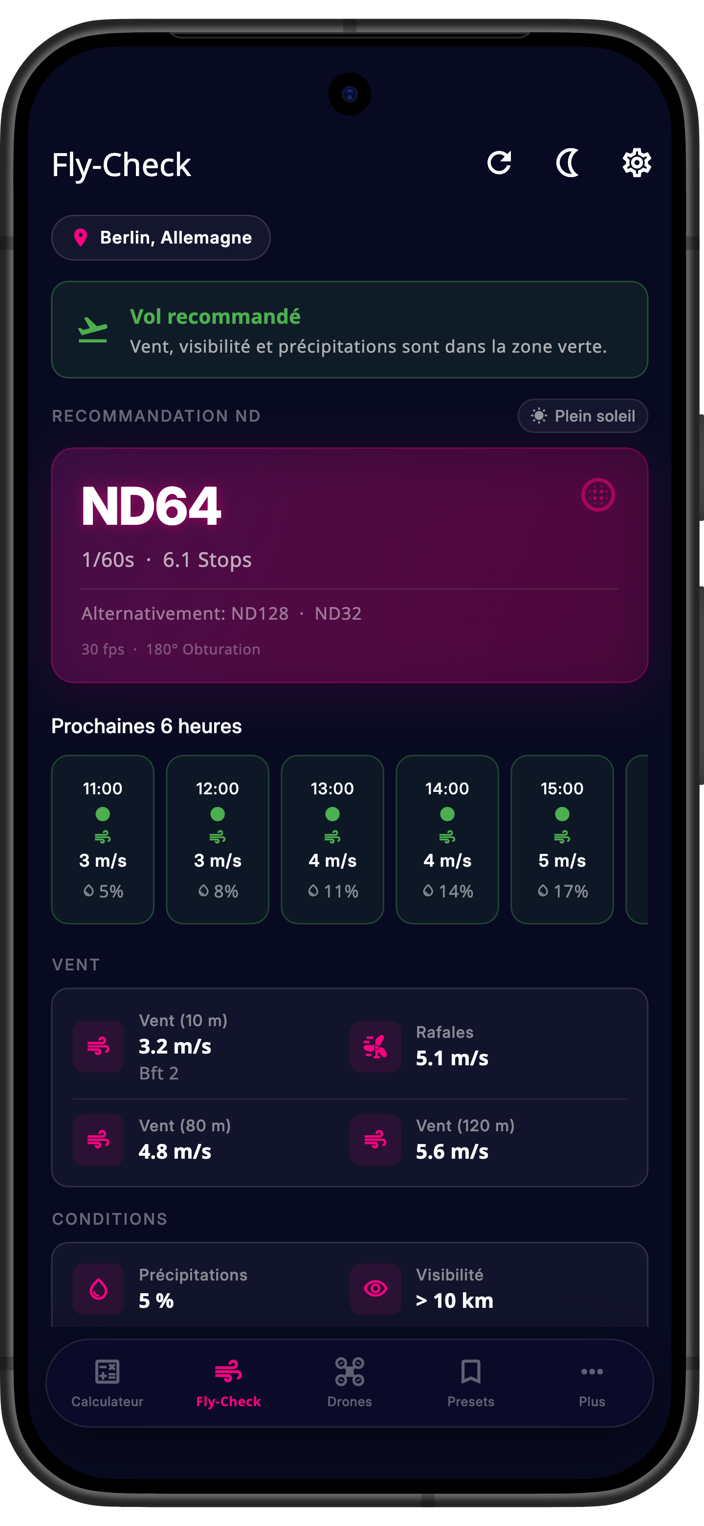 Fly-check et météo dans l'application Drone ND