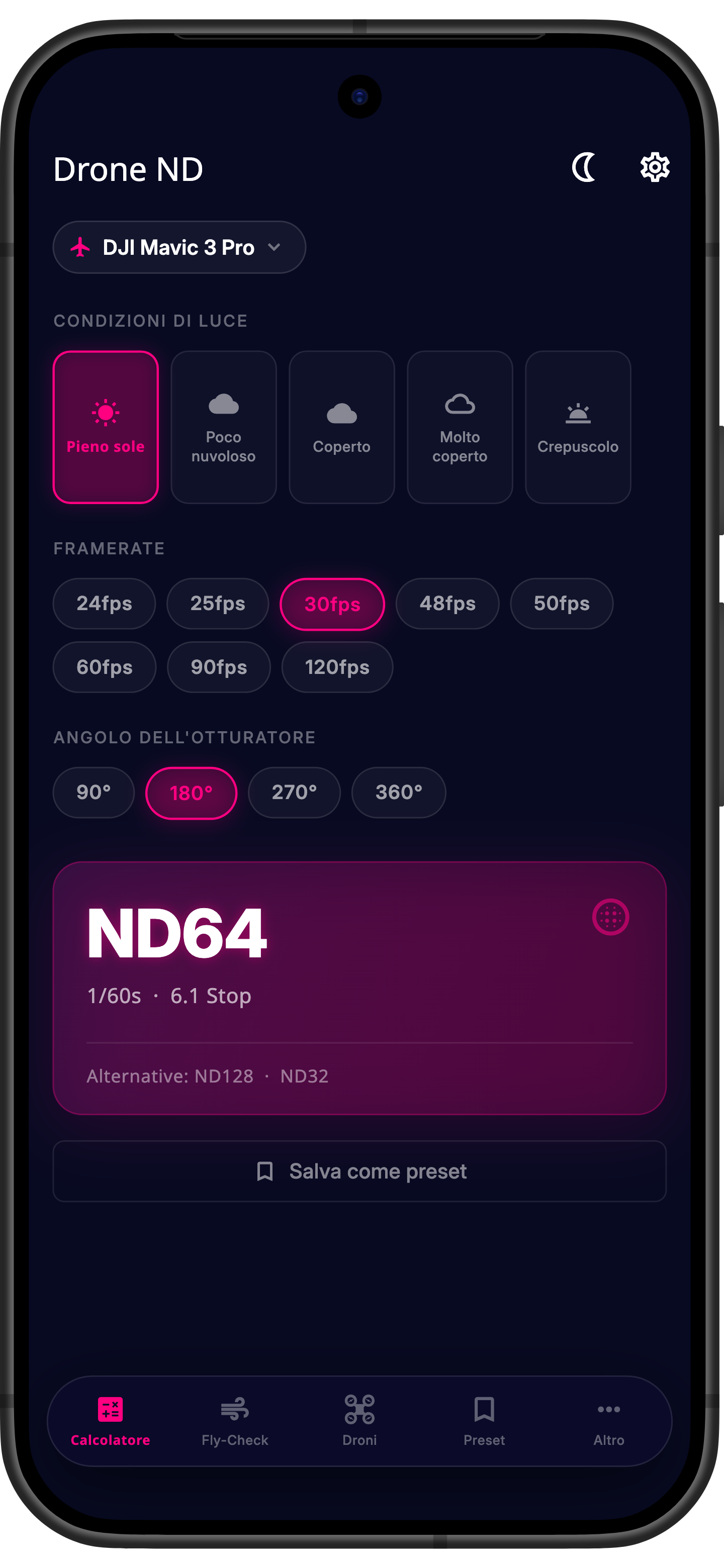 App Drone ND – schermata del calcolatore di filtri ND