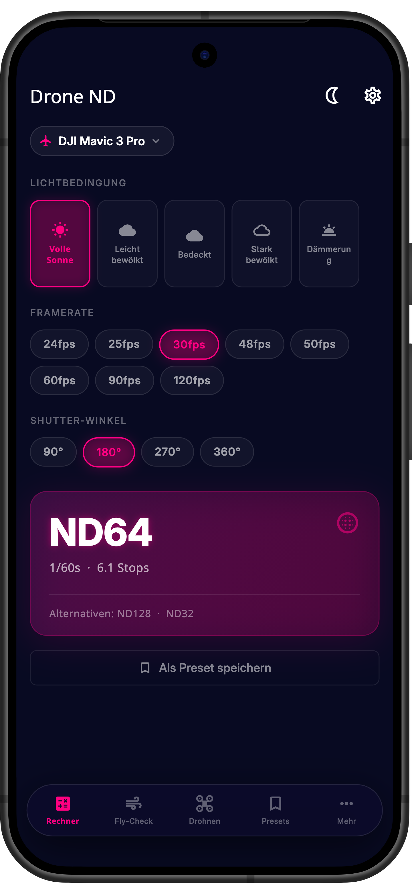 Drone ND App – ND-Filter-Rechner Bildschirm